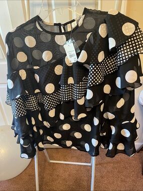 Cato Black & White Polka Dot Ruffle Blouse PTP8” L 23”